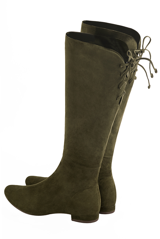 Khaki green women's knee-high boots, with laces at the back. Round toe. Flat block heels. Made to measure. Rear view - Florence KOOIJMAN